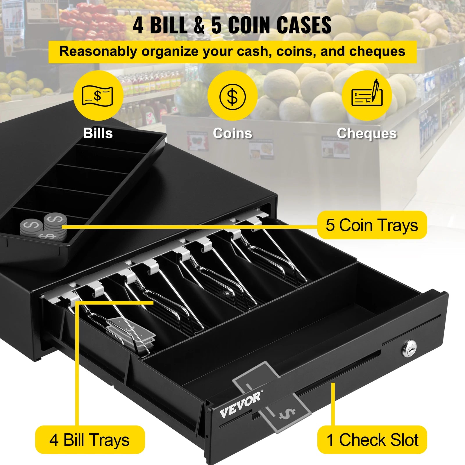 SucceBuy Cash Register Drawer 16" 12 V for POS System Tray Removable Coin Compartment & 2 Keys Included RJ11/RJ12 Cable Drawer