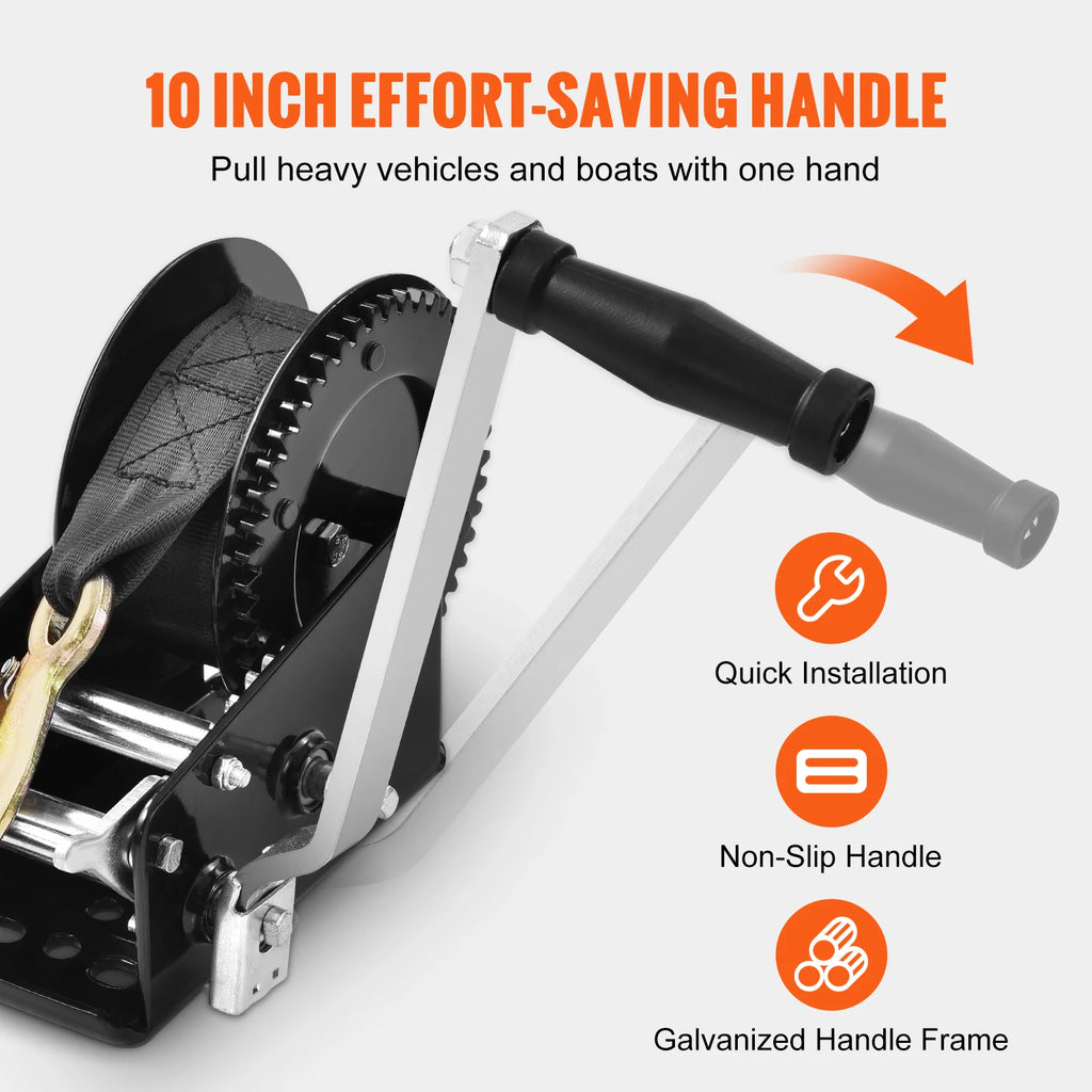 SucceBuy Hand Winch BoatTrailer Winch Heavy Duty Rope Crank Polyester Strap and Two-Way Ratchet Manual Operated Hand Crank Winch