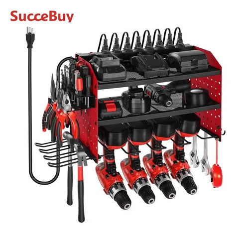 Amocart 3 Tire Power Tool Organizer Drill Storage Rack with Charging Station & Side Pegboard Tool Organizer for Garage Workshop