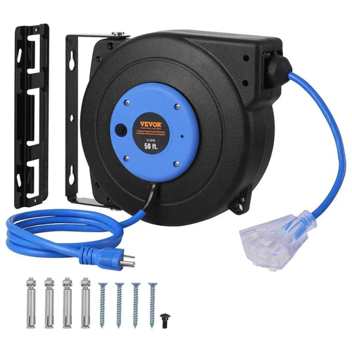 Amocart Retractable Extension Cord Reel 50FT Lighted Triple Tap Outlet 13Amp Circuit Breaker 180° Swivel Bracket Electrical Use