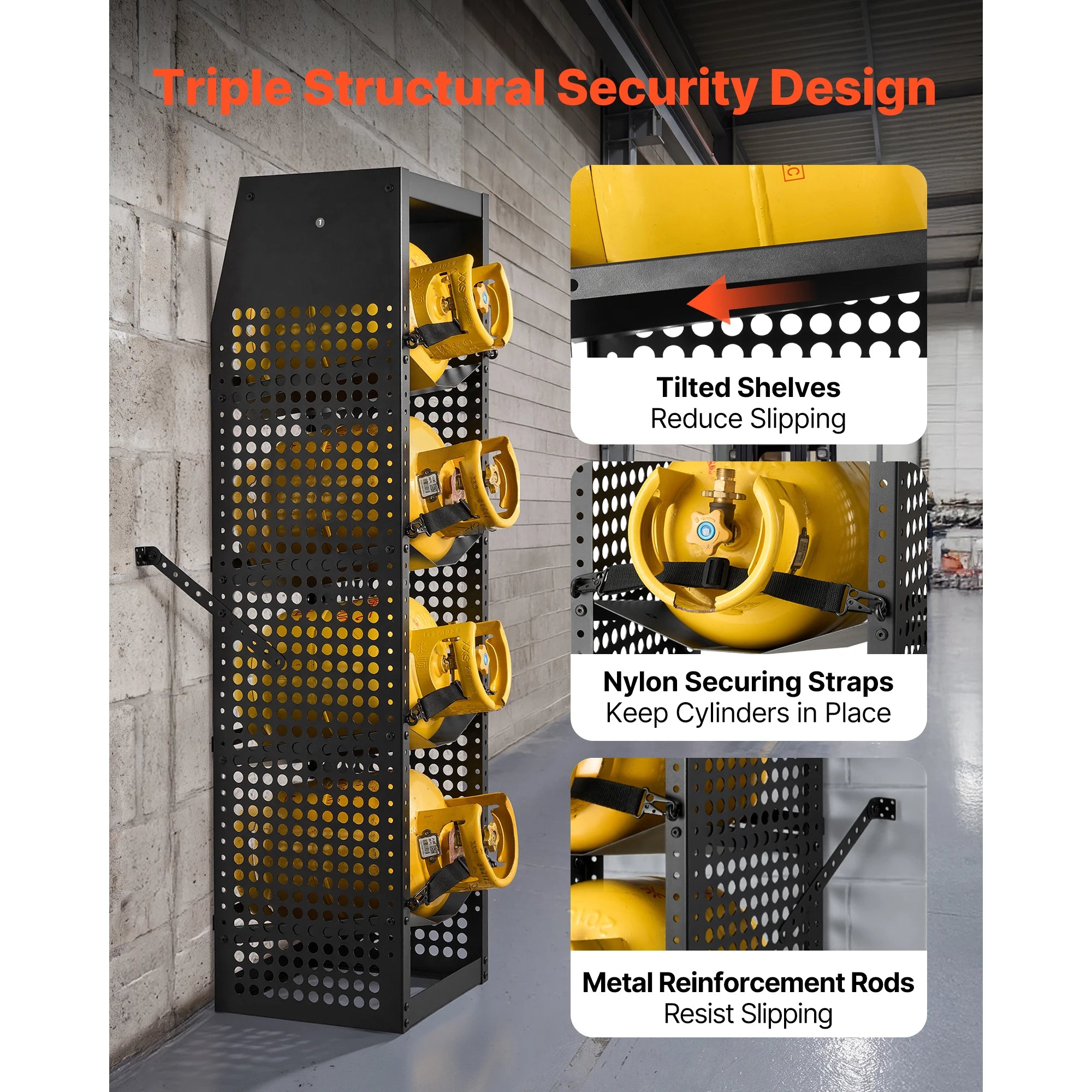 SucceBuy 14.8 x 13 x 52 inches Refrigerant Tank Rack 4 Tiers for 4 Cylinder with Top Storage Shelf for Cargo Van Storing Oxygen