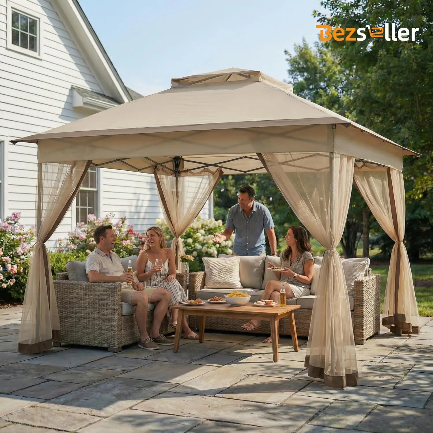 11x11 Pop Up Gazebo with Mosquito Netting – Easy 1-Person Setup, Water-Resistant Backyard Canopy for Family Patio & Garden Use,K