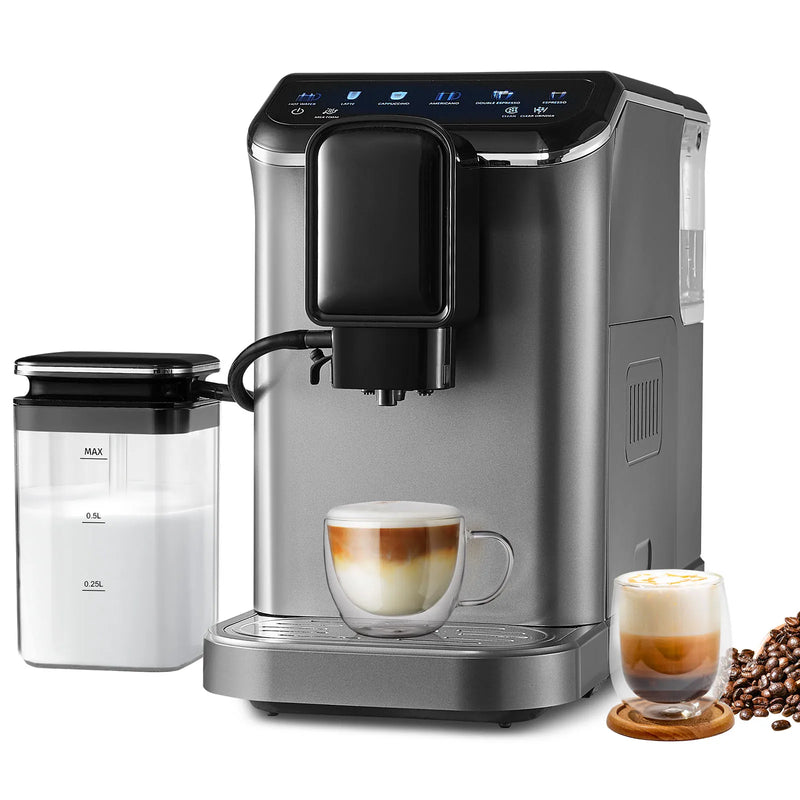 SucceBuy Automatic Espresso Machine Coffee Latte Machine with Color Touch Screen 15 Grinding Levels and Removable Milk Reservoir
