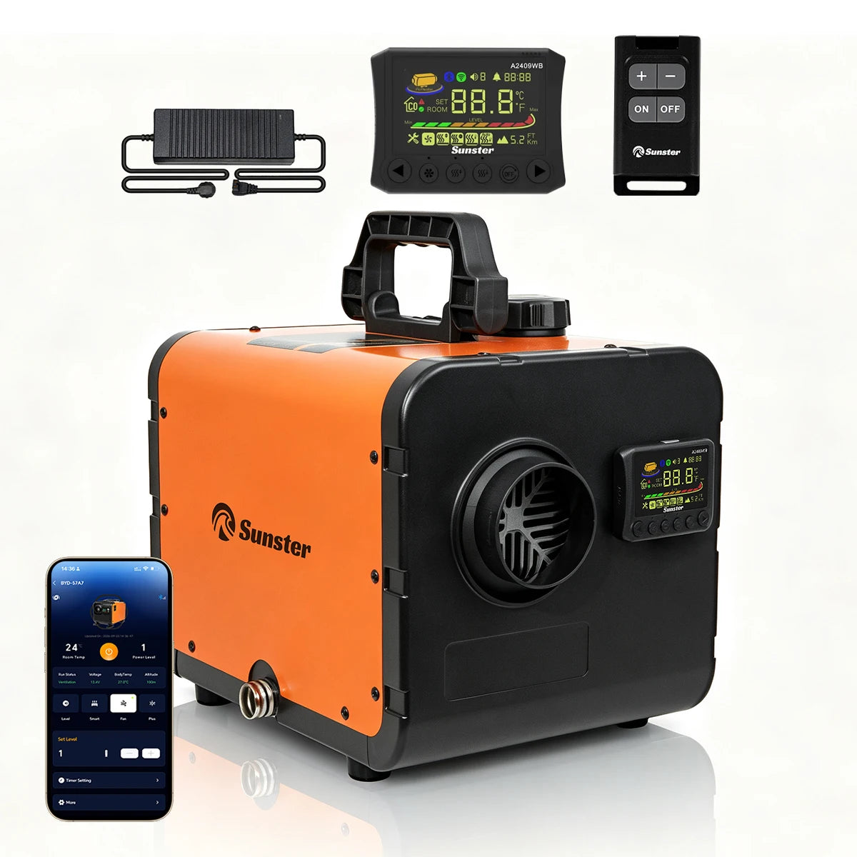 Sunster TP W1 8KW Parking Diesel Heater All-in-One, WiFi Bluetooth APP LCD Remote,12V/24V 110-240V Dual Power,Vent Turbo Thermostat,5500m Altitude Adapt,0.11-0.38L/H,5L Tank 20H,35dB Silent,Quick Muffler,Switch Cable,Safety P Amocart