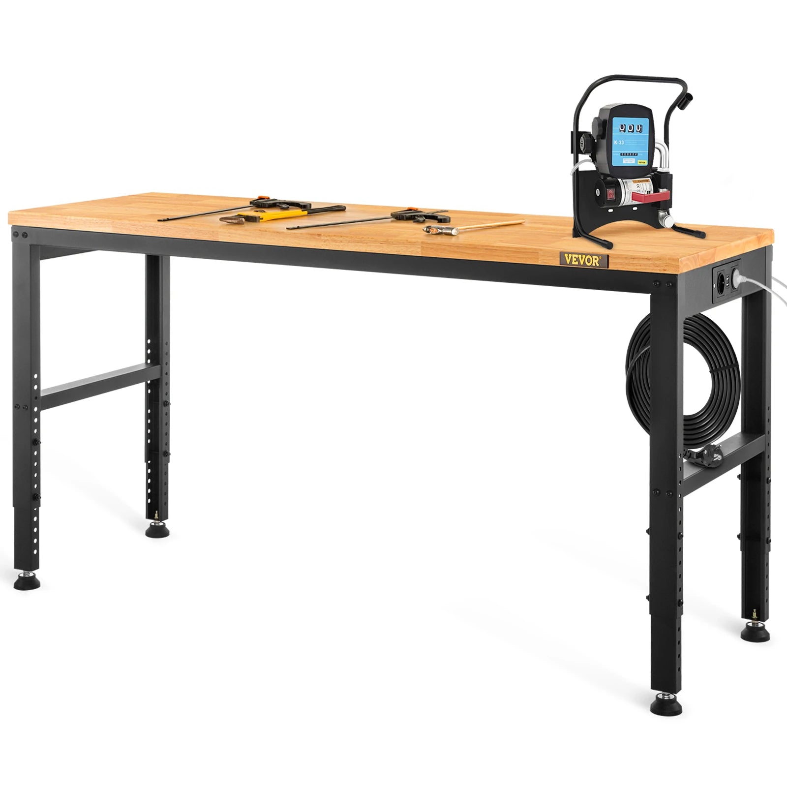 SucceBuy Heavy-Duty Workbench 72cm Adjustable Height Oak Wood Hardwood Top Table 900KG Load Capacity for Office Home Workshop