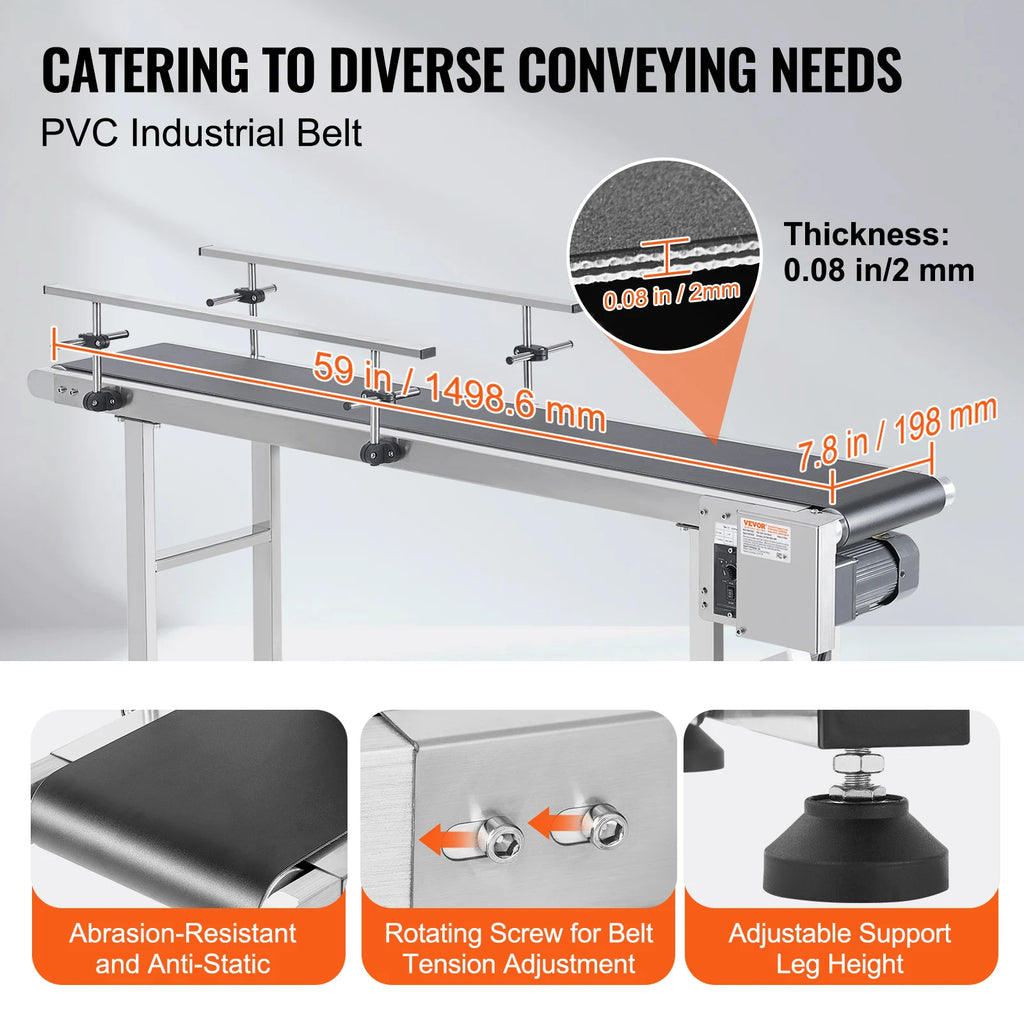 SucceBuy PVC Belt Conveyor Table Double Guardrail Stainless Steel Motorized Adjustable Speed for Factory Inkjet Coding Powered