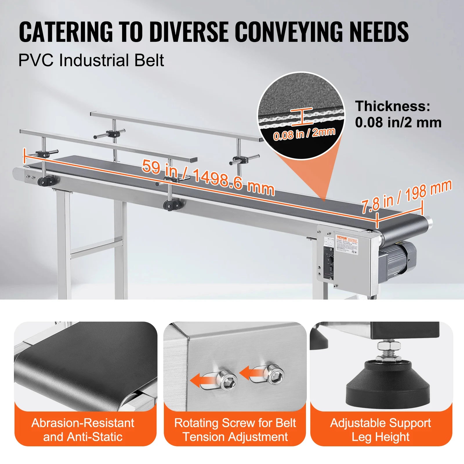 SucceBuy PVC Belt Conveyor Table Double Guardrail Stainless Steel Motorized Adjustable Speed for Factory Inkjet Coding Powered