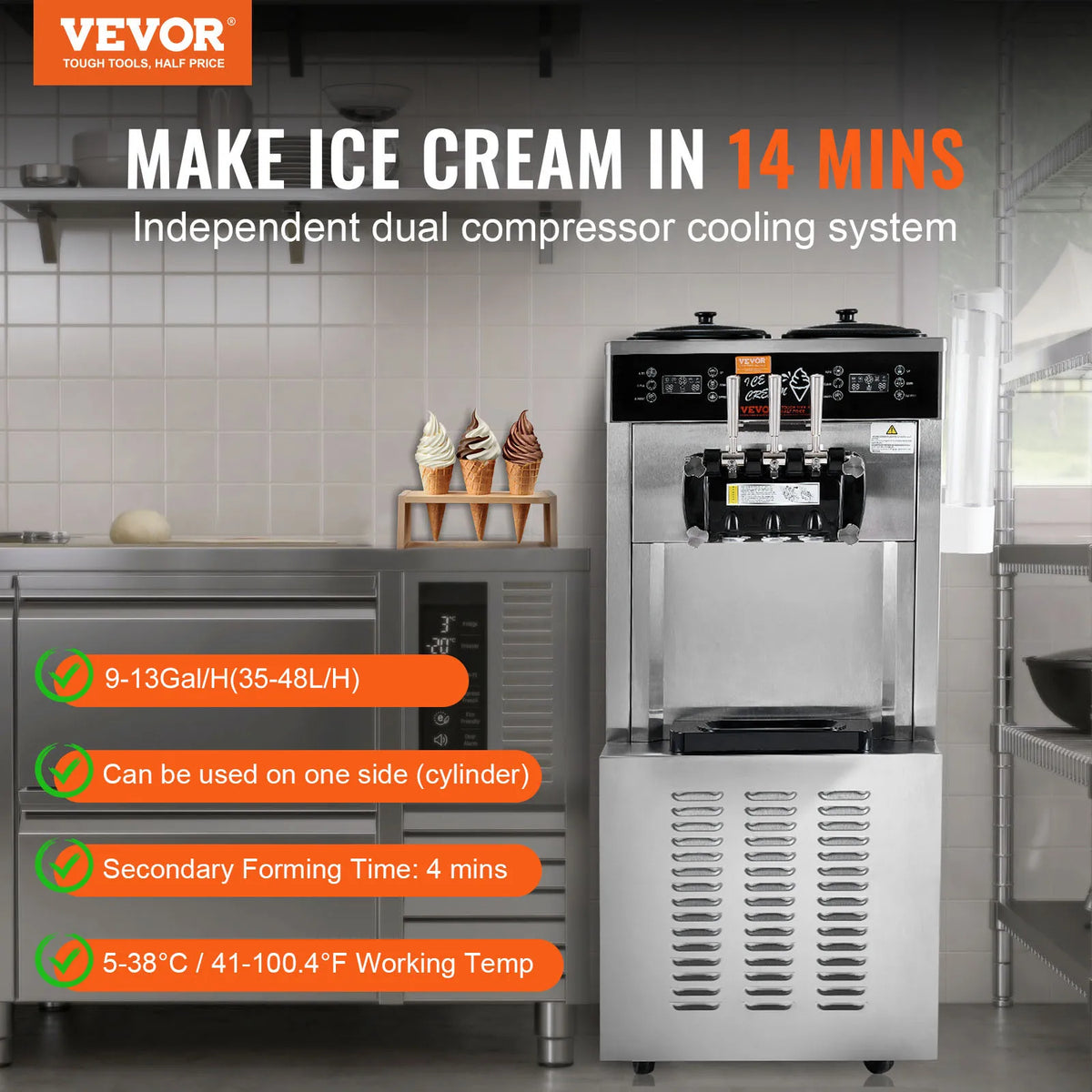 VEVOR Commercial Soft Ice Cream Machine 3 Flavors PreCooling LED Panel Allows Single Cylinder Use Overnight Refrigeration Amocart