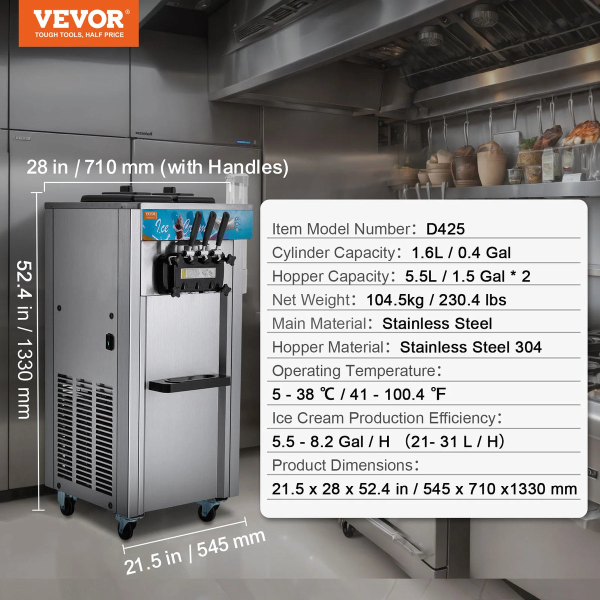 VEVOR Commercial Soft Ice Cream Machine 3 Flavors PreCooling LED Panel Allows Single Cylinder Use Overnight Refrigeration Amocart