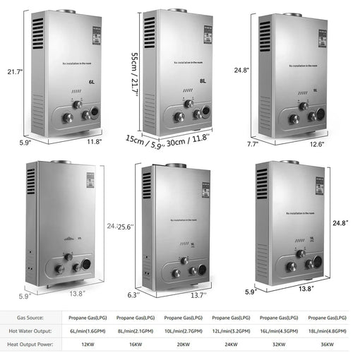 Portable LPG Water Heater Wall-Mounted LPG Gas Water Heater 6L/8L/10L/12L/16L/18L, with Optional Liters Shower Kit Included, CE Safety Multi Protection, for Camping Outdoor Bathroom