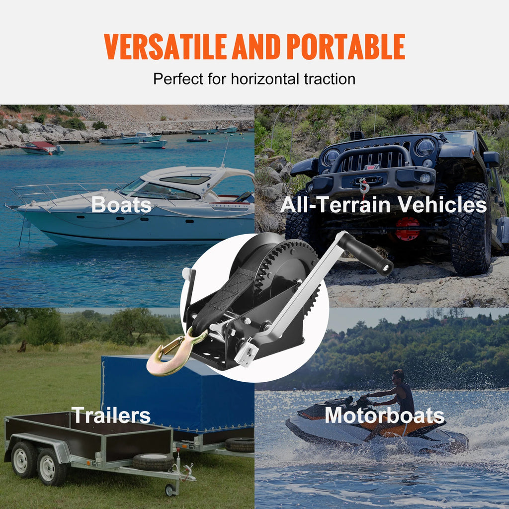 SucceBuy Hand Winch BoatTrailer Winch Heavy Duty Rope Crank Polyester Strap and Two-Way Ratchet Manual Operated Hand Crank Winch
