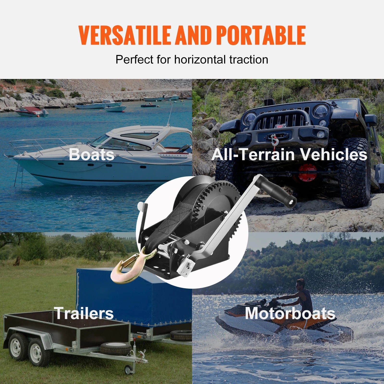SucceBuy Hand Winch BoatTrailer Winch Heavy Duty Rope Crank Polyester Strap and Two-Way Ratchet Manual Operated Hand Crank Winch
