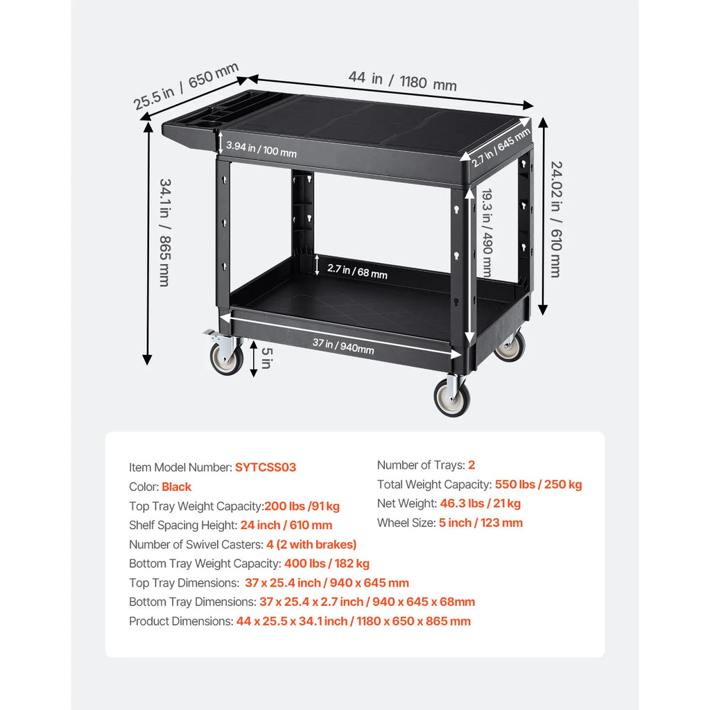 SucceBuy 550 lbs Utility Service Cart Two-Shelf Plastic Hand Dolly Cart with 360° Swivel Wheels for Warehouse Garage Cleaning