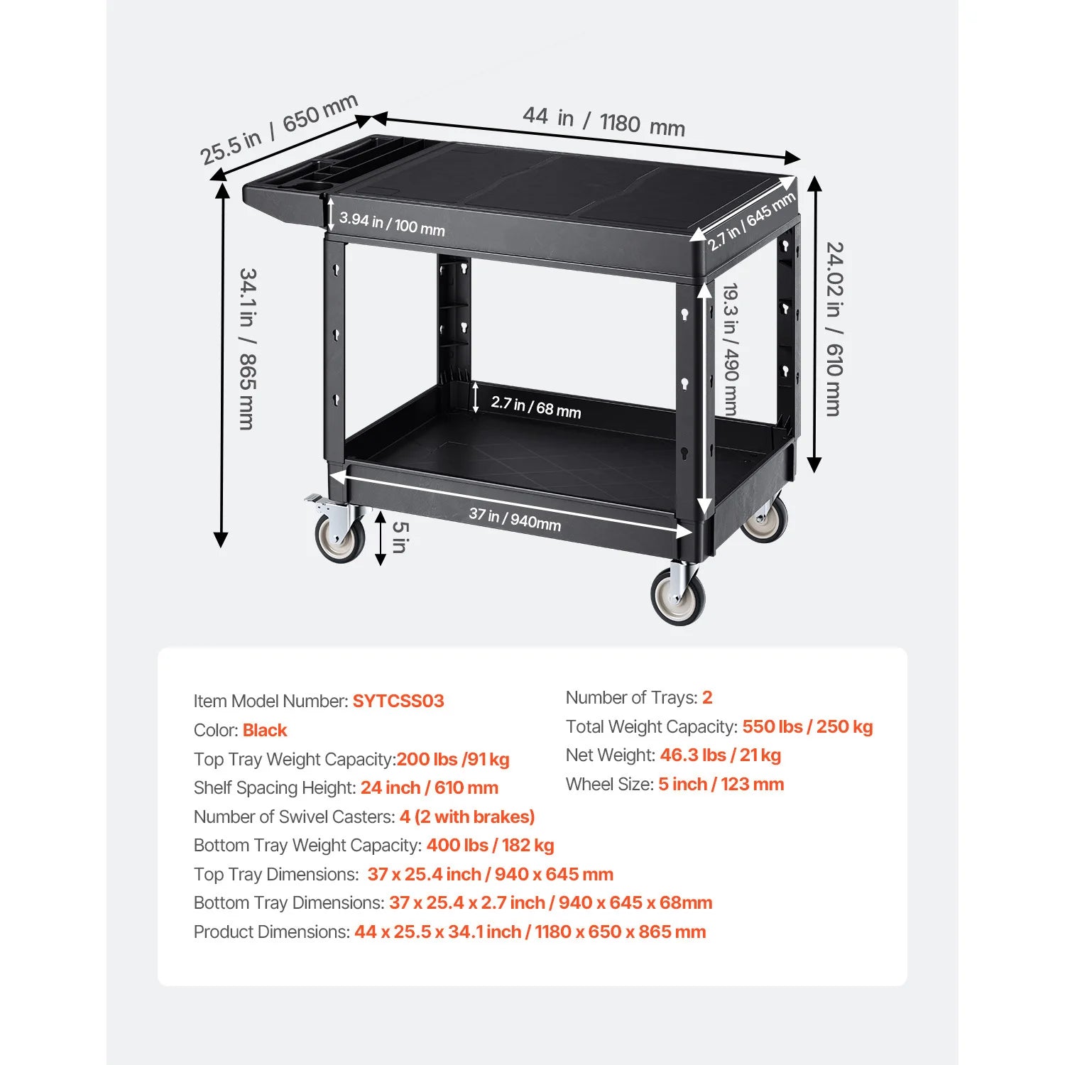 SucceBuy 550 lbs Utility Service Cart Two-Shelf Plastic Hand Dolly Cart with 360° Swivel Wheels for Warehouse Garage Cleaning
