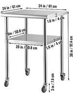 Amocart 24 x 24 in Stainless Steel Kitchen Worktable shelves Commercial Work Bench Table with Caster Wheels for Home Kitchen
