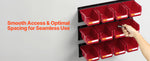 Amocart Wall Mounted Storage Bins 12 Plastic Bins & 3 Metal Rails Hanging Stackable Garage Workshop Nails Tools Organizer Box