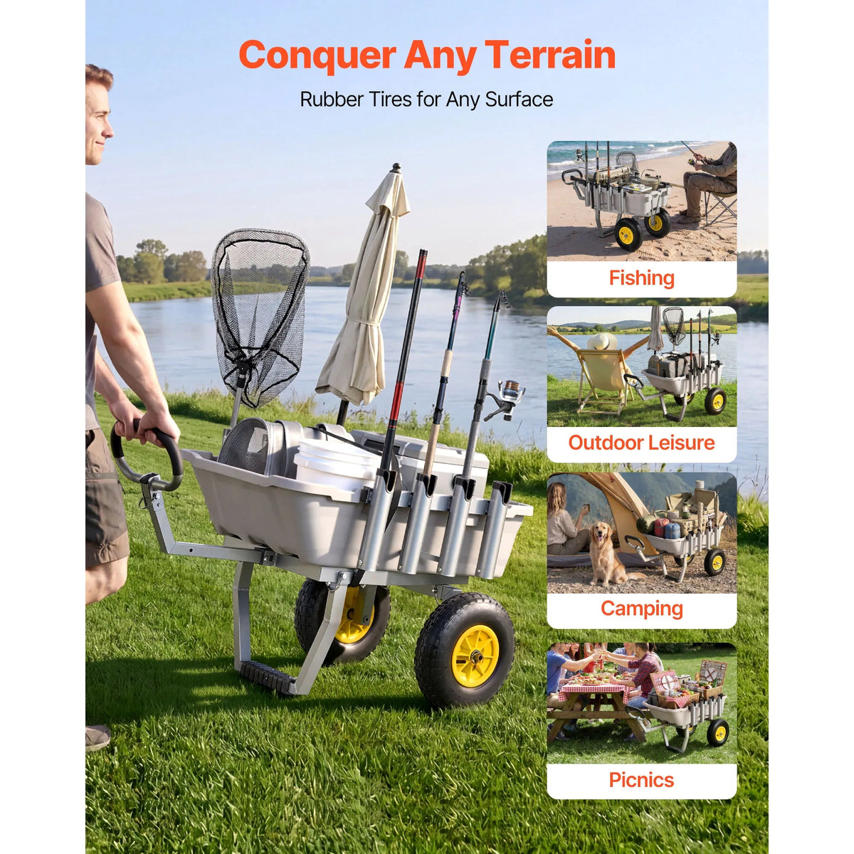 SucceBuy 200 lbs Foldable Beach Fishing Cart with Aluminum Alloy Frame 13in Tires & 8 Rod Holders for Outdoor Camping Picnic - AMOCARTSucceBuy 200 lbs Foldable Beach Fishing Cart with Aluminum Alloy Frame 13in Tires & 8 Rod Holders for Outdoor Camping Picnic