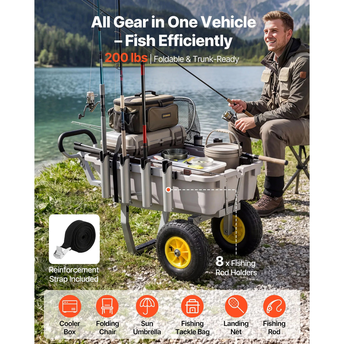 SucceBuy 200 lbs Foldable Beach Fishing Cart with Aluminum Alloy Frame 13in Tires & 8 Rod Holders for Outdoor Camping Picnic - AMOCARTSucceBuy 200 lbs Foldable Beach Fishing Cart with Aluminum Alloy Frame 13in Tires & 8 Rod Holders for Outdoor Camping Picnic