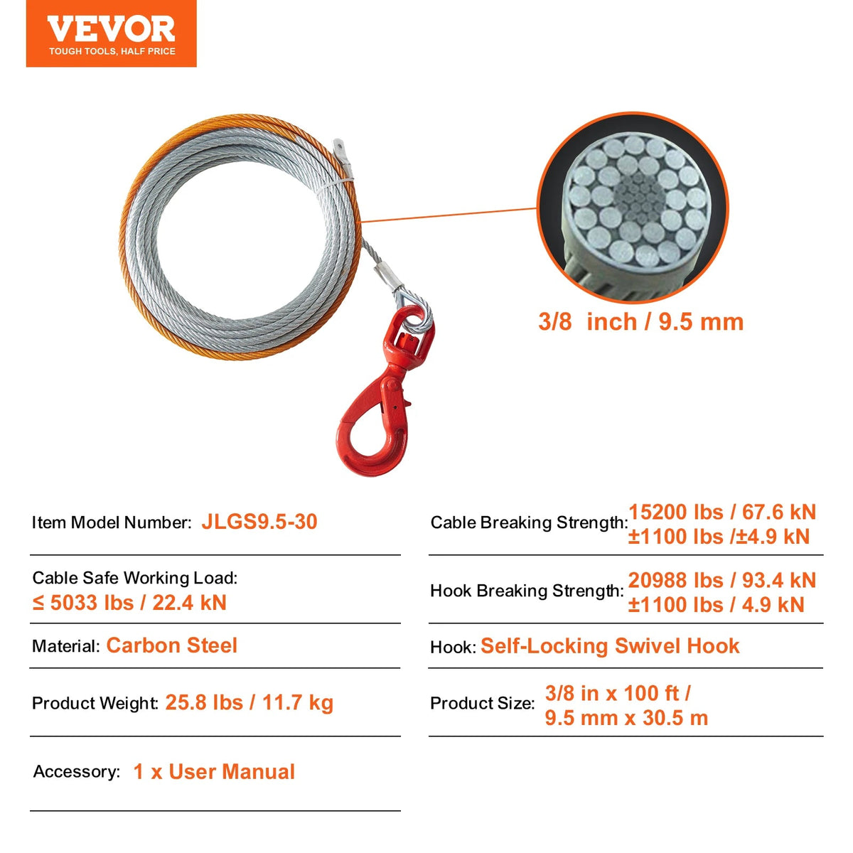 SucceBuy 50/75/100ft Galvanized Steel Winch Cable 3/8in Breaking Strength Wire Winch Rope for SUV Large Off-Road Vehicle - AMOCARTSucceBuy 50/75/100ft Galvanized Steel Winch Cable 3/8in Breaking Strength Wire Winch Rope for SUV Large Off-Road Vehicle