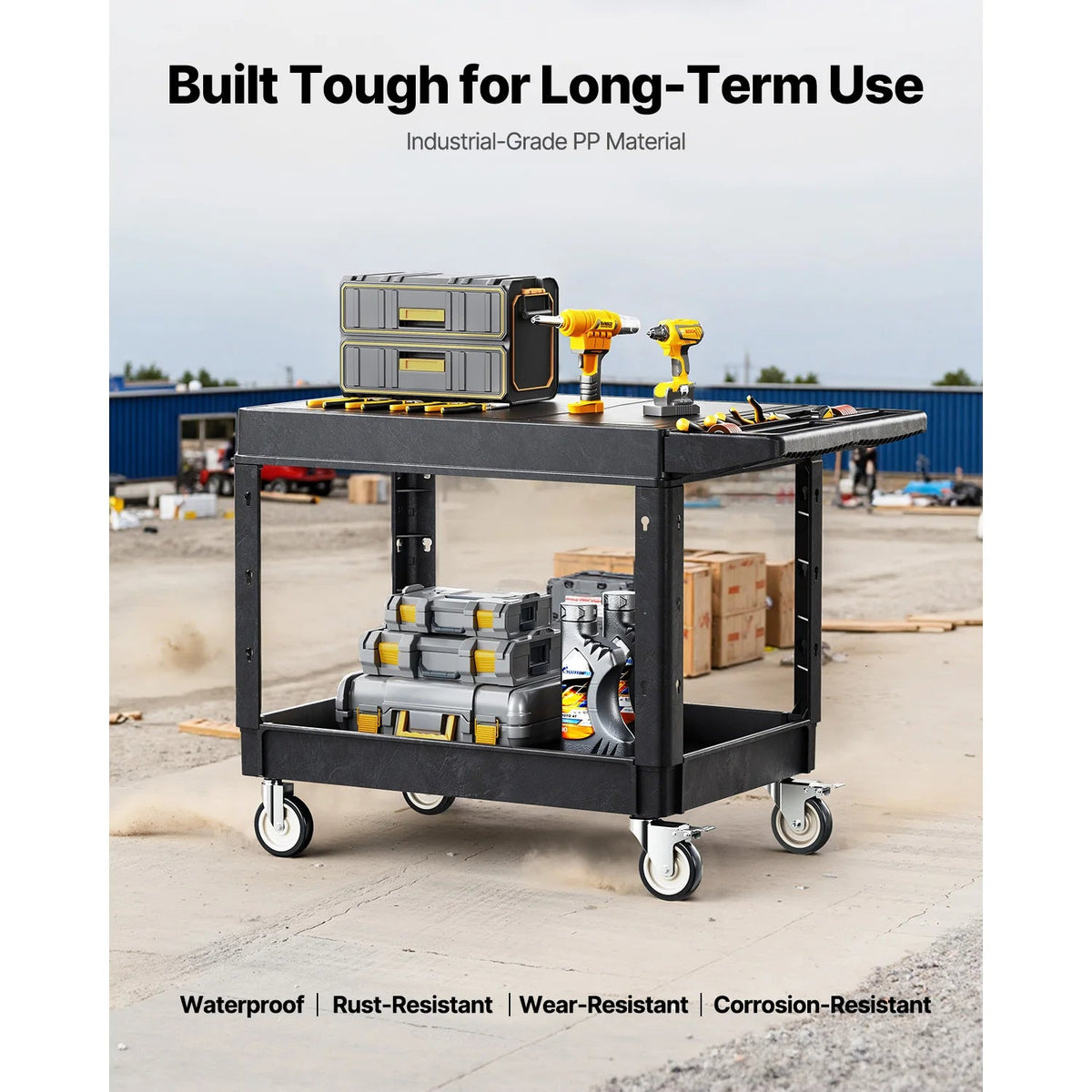 SucceBuy 550 lbs Utility Service Cart Two-Shelf Plastic Hand Dolly Cart with 360° Swivel Wheels for Warehouse Garage Cleaning - AMOCARTSucceBuy 550 lbs Utility Service Cart Two-Shelf Plastic Hand Dolly Cart with 360° Swivel Wheels for Warehouse Garage Cleaning