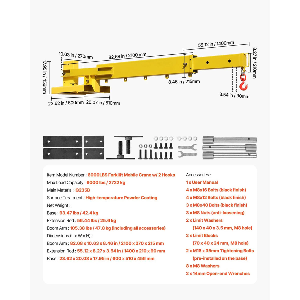 SucceBuy 6000lbs Adjustable Forklift Jib Boom Crane Manual Telescoping Boom Extends Up to 56.1 in Mobile Crane for Warehouse - AMOCARTSucceBuy 6000lbs Adjustable Forklift Jib Boom Crane Manual Telescoping Boom Extends Up to 56.1 in Mobile Crane for Warehouse