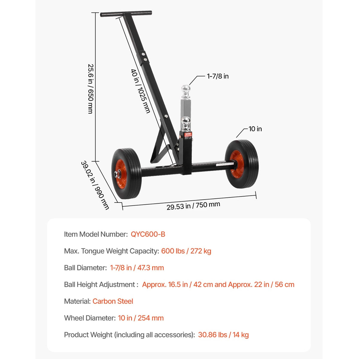 SucceBuy 600lbs Tongue Trailer Dolly with 16.5in-22in Adjustable Height & 1-7/8 in Hitch Ball Steel Boat Mover Moving Car Rvs - AMOCARTSucceBuy 600lbs Tongue Trailer Dolly with 16.5in-22in Adjustable Height & 1-7/8 in Hitch Ball Steel Boat Mover Moving Car Rvs
