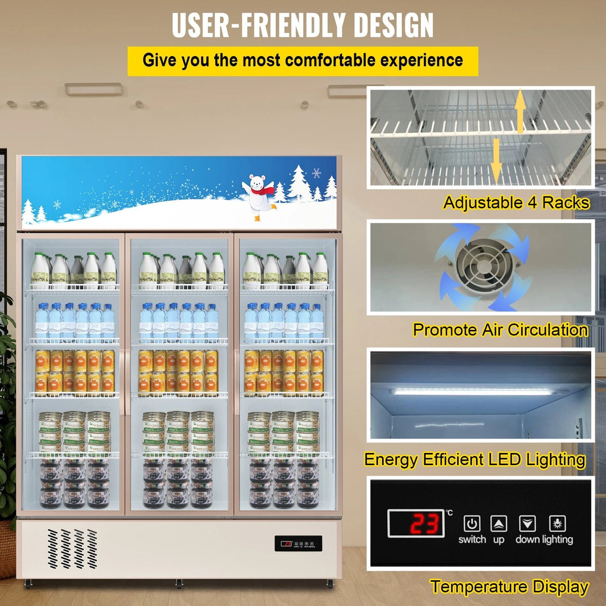 SucceBuy Triple Swing Door Commercial Refrigerator Display Fridge Upright Beverage Cooler Glass Door with LED Light - AMOCARTSucceBuy Triple Swing Door Commercial Refrigerator Display Fridge Upright Beverage Cooler Glass Door with LED Light