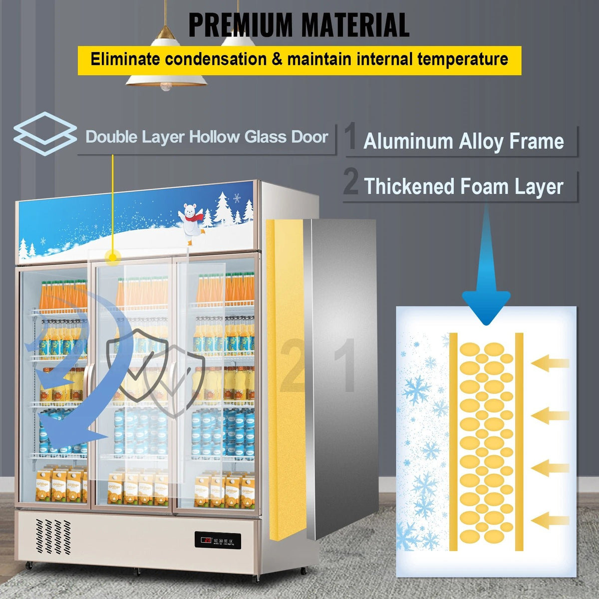 SucceBuy Triple Swing Door Commercial Refrigerator Display Fridge Upright Beverage Cooler Glass Door with LED Light - AMOCARTSucceBuy Triple Swing Door Commercial Refrigerator Display Fridge Upright Beverage Cooler Glass Door with LED Light