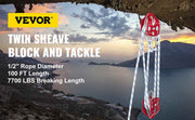 Load image into Gallery viewer, SucceBuy Twin Sheave Block &amp; Tackle 2/5-1/2in 100Ft Braid Rope 35KN 7700LBS Lifting Trellis Rigging Cargo Slings for Garage
