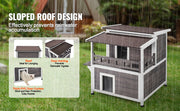 Bild in Galerie-Viewer laden, SucceBuy Outdoor Cat House Weatherproof Feral Cat Shelter 2-story Large Outdoor Wooden Cat House with Balcony Door and Open Roof
