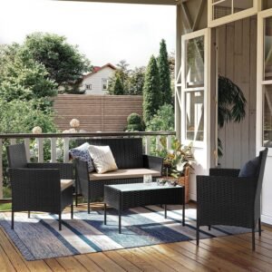 4-Piece Rattan Garden Chair Furniture Set - Stylish Weather-Resistant Wicker Patio Furniture with Cushions, Perfect for Gardens, Balconies, and Terraces