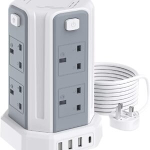 13A 3250W Tower Extension Lead – 8 Outlets & 4 USB Ports with 3M Cable for Home, Office, and Kitchen Use