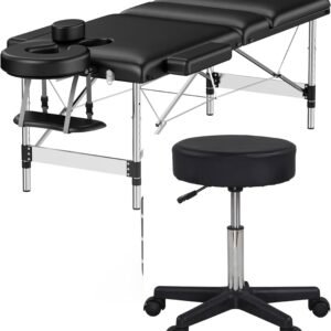 3 Zones 70 cm Upgrade Width, Height-Adjustable Aluminium Foldable Massage Table/bed  with Black Adjustable Rolling Massage Cushion  Hydraulic Salon Stool, 5 Wheels