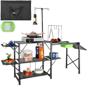 Camping Kitchen Table with Sink Aluminum Folding Portable Outdoor Cook Station, for Picnic BBQ Beach Traveling