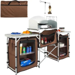 Camping Kitchen Table Folding Outdoor Cooking Table w/Storage Carrying Bag Aluminum Cook Station 3 Cupboard Windscreen