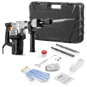 Electric Heavy Demolition Jack Hammer 1400W 2pcs Chisels Bits Chipping with Case 2900 BPM Concrete Breaker Gloves Black
