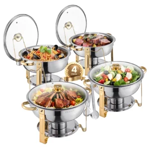 5 Qt 4 Pack Chafing Dish Buffet Set Stainless Steel Chafer with 4 Full Size Pan Round Catering Warmer Server for Party