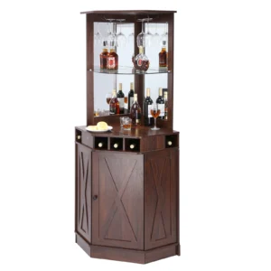 Corner Industrial Bar Cabinet Wine Table for Liquor & Glasses Sideboard Buffet Cabinet with Glass Holder Black Walnut