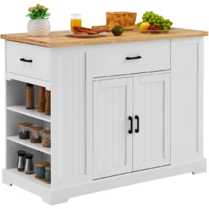 Kitchen Island Cart 46" Wood Top Breakfast Bar with Storage Cabinet Farmhouse Kitchen Table with Shelf Drawer