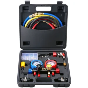 4 Way AC Gauge-AC Manifold Gauge Set 5ft Hoses for R134A/R22/R12/R410A Work on Car Auto Freon Charging and Evacuation