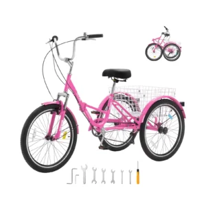 24inch 7-Speed Folding Adult Tricycle Folding Trikes Carbon Steel 3 Wheel Cruiser Bike with Basket for Shopping Picnic